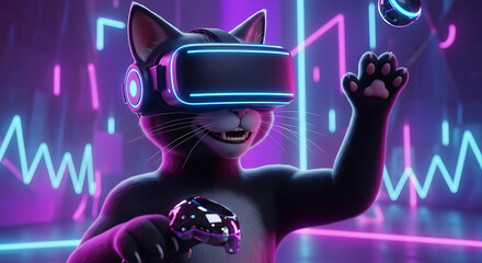 Adorable cat exploring virtual reality with VR headset and controller in futuristic neon city, experiencing immersive gaming adventure with playful excitement and wonder