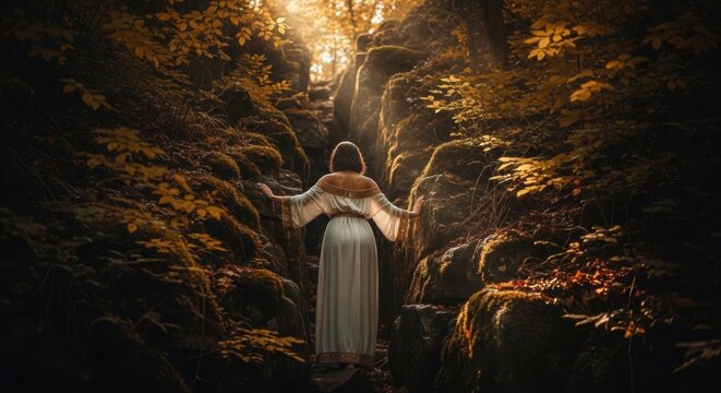 Woman in an ancient dress on a mystical journey through a rocky gorge. Fantasy narrative of exploration and discovery. Spiritual quest towards a divine light in a golden autumn forest