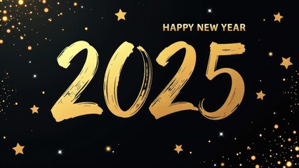 A festive greeting card featuring a black and gold design with stars, perfect for celebrating the start of a new year