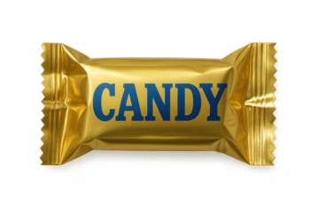 Golden candy wrapper with blue candy text providing a sweet, sugary treat, isolated for your design needs