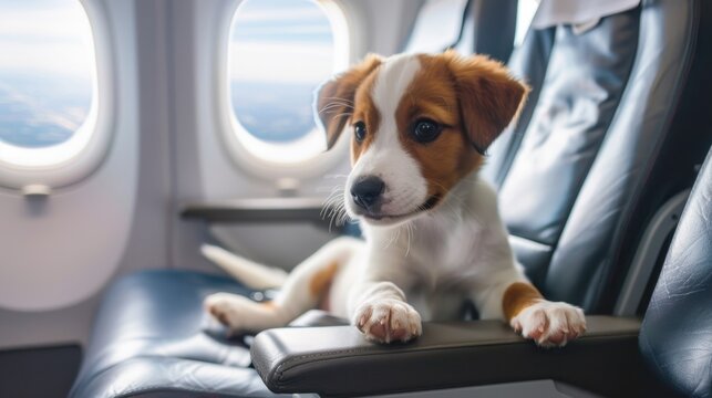 A small brown and white puppy sits on an airplane seat, looking out the window. The cabin features black leather seats and bright natural light.