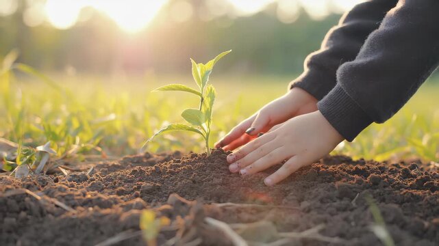 Child planting a young green sapling in soil, close-up of hands covered with earth, concept of sustainability, growth and reforestation, natural blurred background