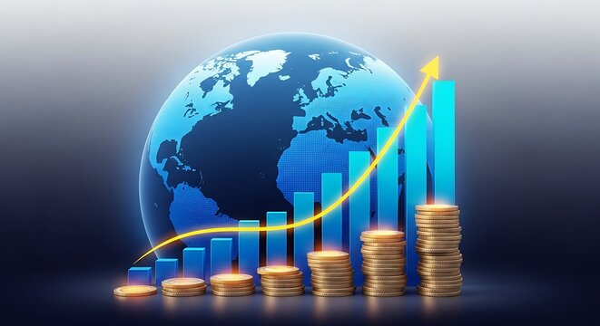Global financial growth represented by a dynamic upward trending arrow and coin stacks, ideal for investment and business success visuals