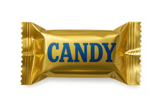 Golden candy wrapper with blue candy text providing a sweet, sugary treat, isolated for your design needs