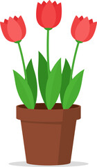 Three vibrant red tulips with green leaves bloom in a simple brown terracotta pot against a white background, suggesting spring growth and natural beauty.
