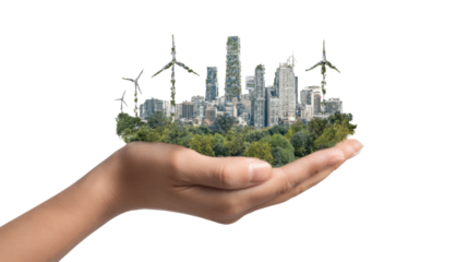 Sustainable green city with wind turbines trees and modern buildings being carefully held in protective human hand concept of environmental future on white background
