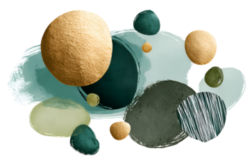 Abstract watercolor circles with textured patterns, isolated on transparent background