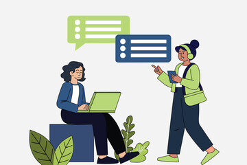 Woman Using Laptop and Coworker Pointing Digital Tablet with Messages Speech Bubbles Vector Illustration