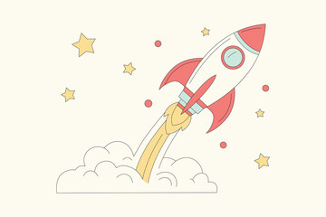 Rocket Launching to Space Concept with Stars and Smoke Clouds Vector Illustration in Flat Design Style
