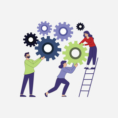 Business Teamwork Concept with Gears, People Connecting Cogwheels Working Together Vector Illustration
