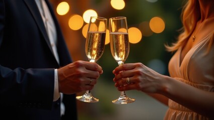 A couple celebrating with glasses of champagne, perfect for New Year's Eve or romantic occasions