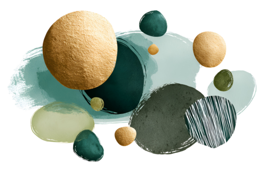 Abstract watercolor circles with textured patterns, isolated on transparent background