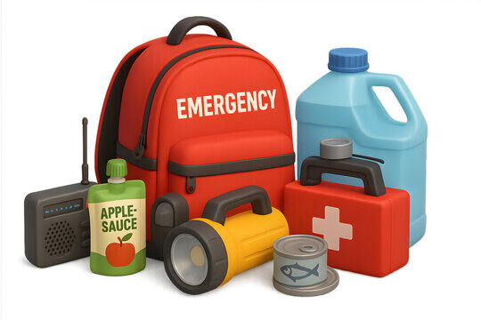 Emergency preparedness items for survival, a concept of safety.