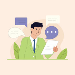 Businessman Looking at Report with Speech Bubbles Around Him Vector Illustration Concept for Communication and Analysis
