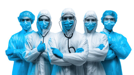 Team of medical workers wearing protective suits masks and gloves standing confidently together representing healthcare unity and safety on white background