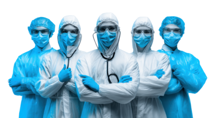 Team of medical workers wearing protective suits masks and gloves standing confidently together representing healthcare unity and safety on white background