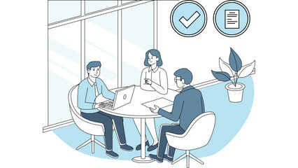 Business People Working on Table with Laptop and Documents Vector Illustration Concept for Office Meeting and Discussion