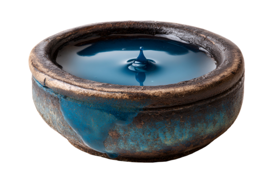 A clay pot filled with a vibrant blue liquid