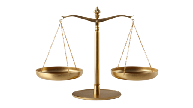 Elegant golden balance scale symbolizing fairness justice equality and legal decision weighing truth and responsibility for law concept on white background
