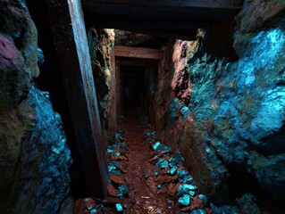 Exploring deep mine shaft with silver deposit and ai laser scanning underground environment captivating perspective