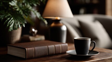 Cozy coffee cup and vintage book on wooden table with warm light