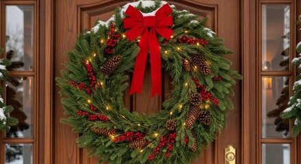 Christmas wreath decorated with red bow and pinecones on door  