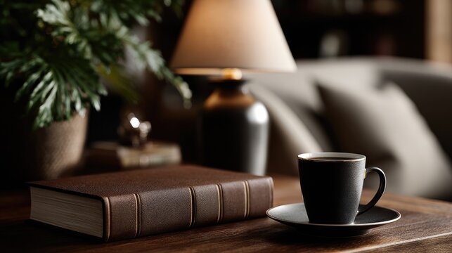 Cozy coffee cup and vintage book on wooden table with warm light