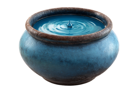 A clay pot filled with a vibrant blue liquid