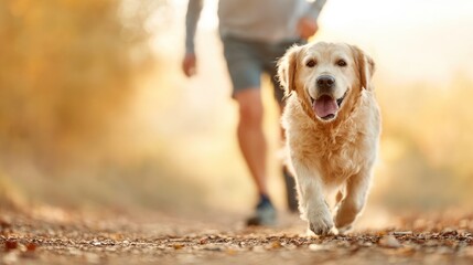 Happy golden retriever dog running on forest trail in autumn sunlight