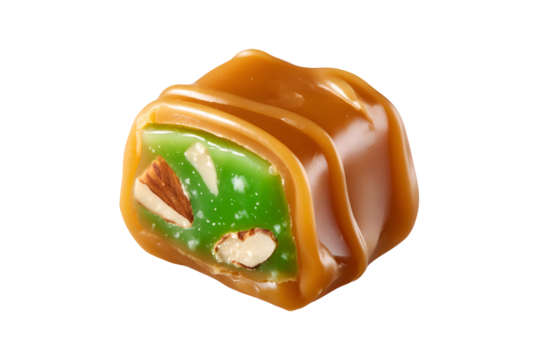 A green candy topped with nuts