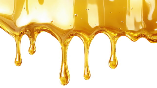Golden sweet honey dripping in slow motion creating glossy sticky texture with delicious natural organic liquid detail on white background