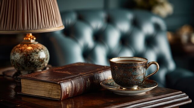 Elegant vintage reading corner with tea cup