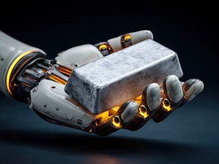 Robotic hand holding silver bar futuristic laboratory digital art dark environment close-up view innovation