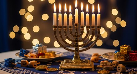 Menorah with lit candles and gifts on table during Hanukkah celebration