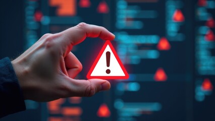 A person holds a warning sign in front of a computer screen, alerting users to potential dangers or issues