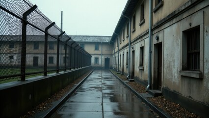 A long and narrow walkway between two modern buildings with concrete walls and glass doors
