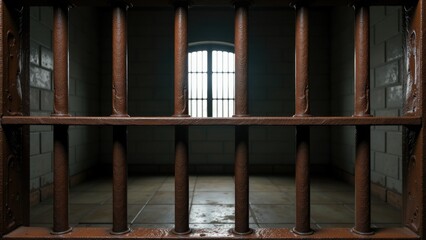 Prison cell with metal bars and a small window for natural light, ideal for law enforcement or crime scene applications