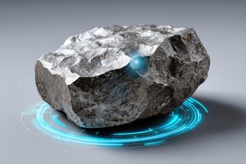 Closeup of silver rock with holographic ai data studio setting digital art modern view futuristic concept