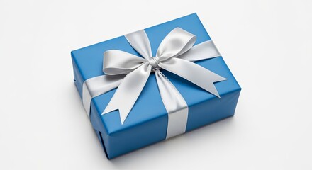 Obraz premium Blue gift box with silver ribbon on white background 
