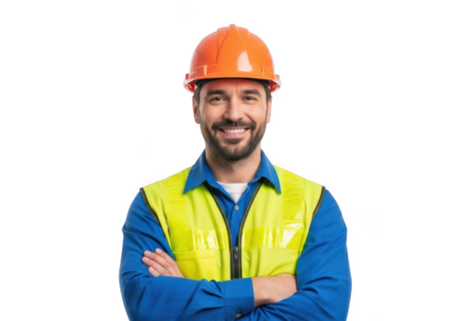 Smiling construction worker wearing an orange hard hat and yellow safety vest with arms crossed isolated on transparent background