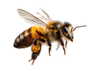 A bee is mid-flight, wings spread, hovering in the air, isolated on transparent background