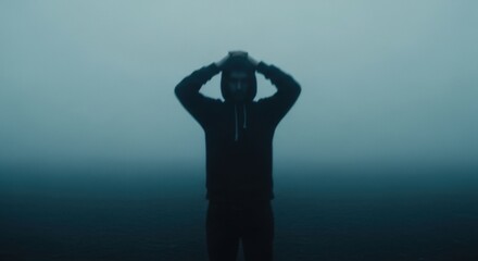Young adult male in a hoodie experiencing a personal crisis. Silhouette in dense fog representing mental health struggles. Concept of loneliness despair and uncertainty. Moody cinematic visual