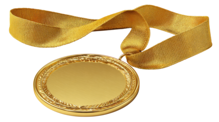 Shiny gold medal with textured ribbon symbolizing achievement success victory and award recognition for competition excellence or sports championship on white background