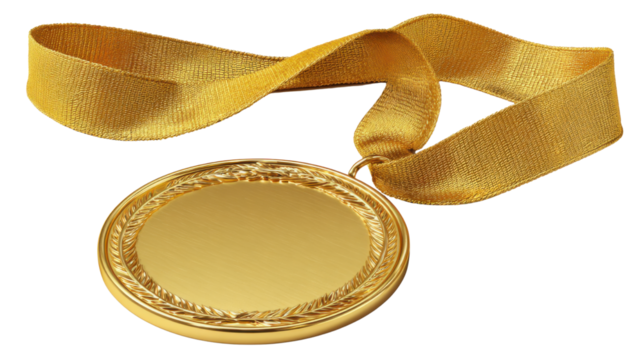 Shiny gold medal with textured ribbon symbolizing achievement success victory and award recognition for competition excellence or sports championship on white background