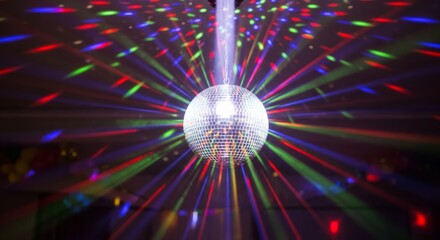 Disco ball reflecting colorful lights in dark room