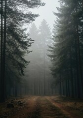 Heavy, dense mist obscures the deep pine forest creating a cold, mysterious, and solitary atmospheric natural background setting ,weather ,white ,forest