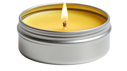 Small metal tin candle with burning flame and smooth yellow wax surface creating warm cozy relaxing calming aromatherapy atmosphere on white background