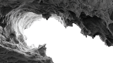 Abstract cavern formation with dramatic organic rock shapes creating mysterious tunnel opening with contrast lighting and deep shadow depth on white background