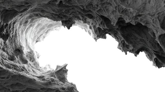 Abstract cavern formation with dramatic organic rock shapes creating mysterious tunnel opening with contrast lighting and deep shadow depth on white background