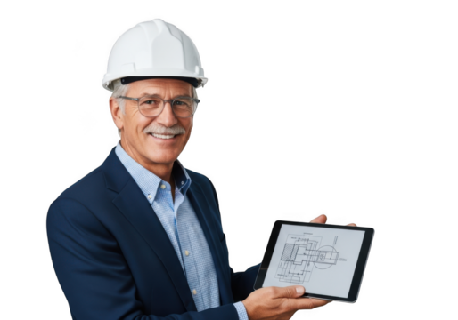 Smiling elderly gentleman wearing a white safety helmet and a dark blue suit jacket holding a clipboard with notes isolated on transparent background - Powered by Adobe
